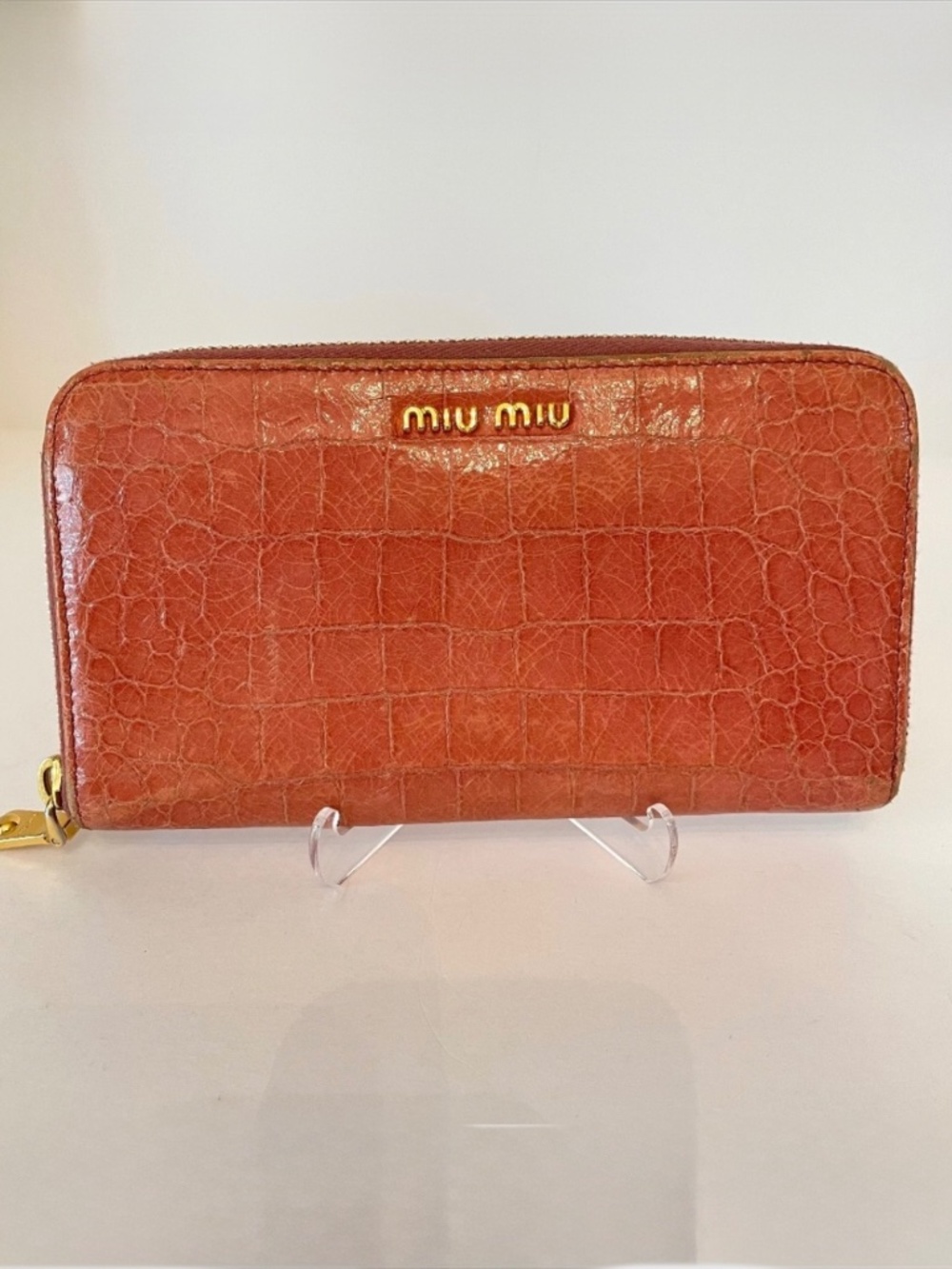 Miu Miu by Prada Pink/Mauve Croc Embossed Zip Around Wallet